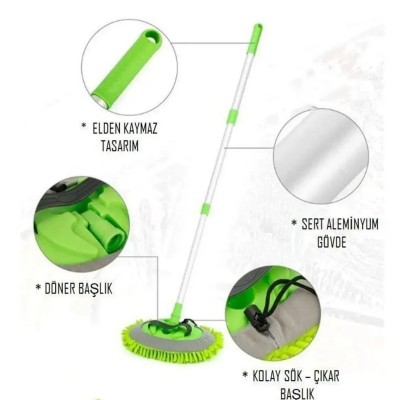 Mikrofiber Çok Fonksiyonlu Uzun Sopalı Oto Araba Araç Yıkama Temizleme Fırçası Mopu Yedek Bezli